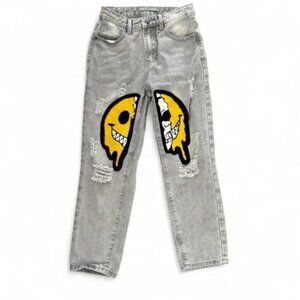 2/$10 Gray Distressed Jeans with Happy Face Patch - Size 10
